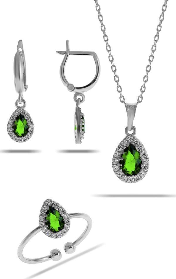 Yeşim Taşlı Damla Mini Rodyumlu Gümüş Set 2307 - Image 1