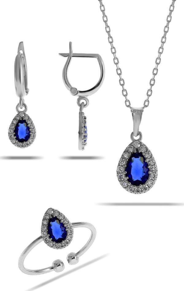 Safir Taşlı Damla Mini Rodyumlu Gümüş Set 2309 - Image 1