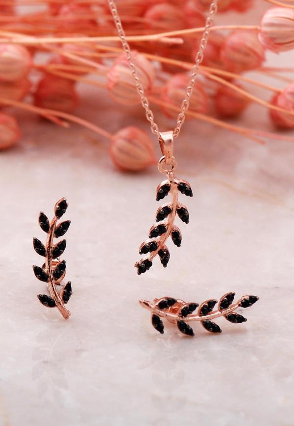 Yaprak Tasarım Siyah Rose Gümüş İkili Set 2343 - Image 1