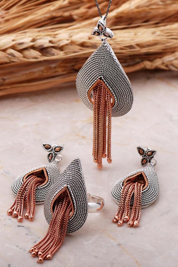 Telkari Elişi Rose Püsküllü Damla Gümüş Set 2360 - Image 1