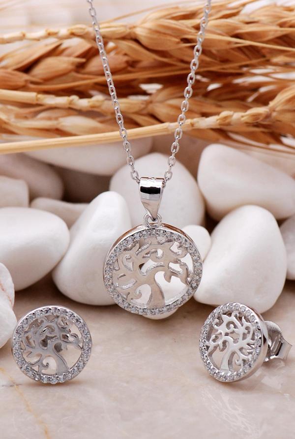 Hayat Ağacı Rodyumlu Mini İkili Gümüş Set 2367 - Image 1