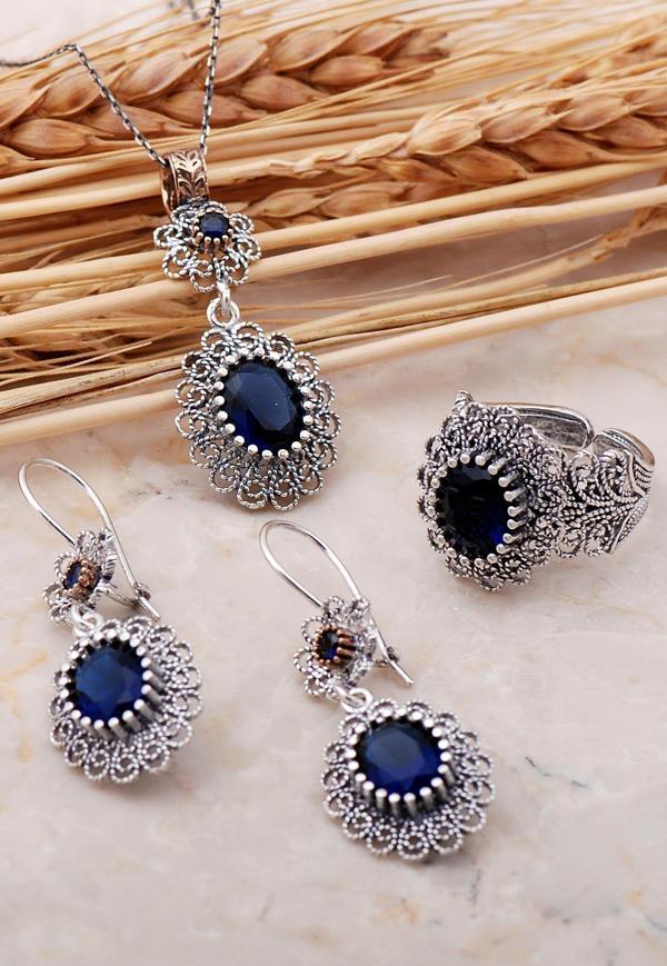 Safir Taşlı Telkari Elişi Gümüş Set 2379 - Image 1