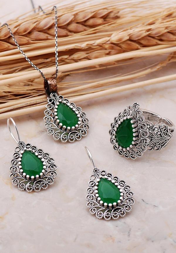 Kök Zümrüt Taşlı Telkari Elişi Damla Gümüş Set 2380 - Image 1