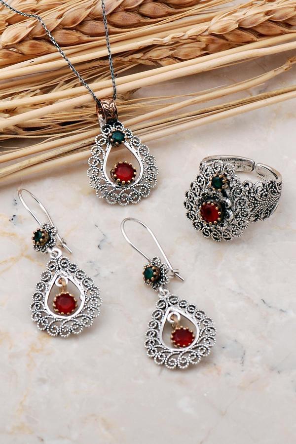 Kök Yakut Taşlı Telkari Elişi Damla Gümüş Set 2382 - Image 1