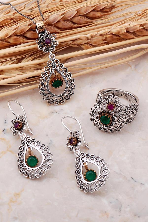 Kök Zümrüt Taşlı Telkari Elişi Damla Gümüş Set 2390 - Image 1
