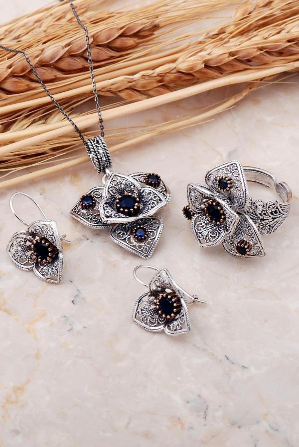 Açelya Çiçeği Safir Taşlı Telkari Elişi Gümüş Set 2393 - Image 1