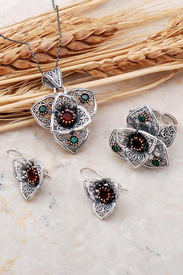 Açelya Çiçeği Kök Yakut Taşlı Telkari Elişi Gümüş Set 2394 - Image 1