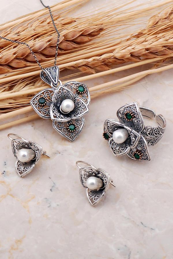 Açelya Çiçeği İnci Taşlı Telkari Elişi Gümüş Set 2395 - Image 1