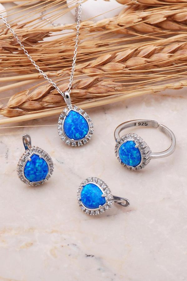 Opal Taşlı Damla Gümüş Üçlü Set 2417 - Image 1