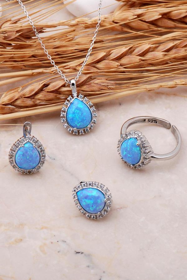 Opal Taşlı  Damla Gümüş Üçlü Set 2418 - Image 1