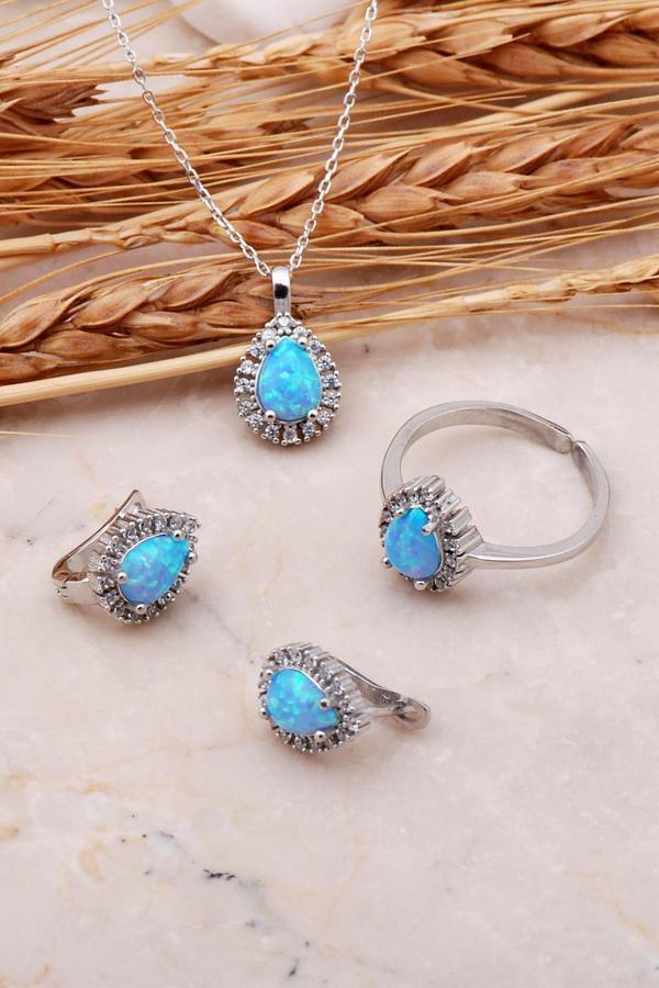 Opal Taşlı Damla Gümüş Üçlü Set 2422 - Image 1