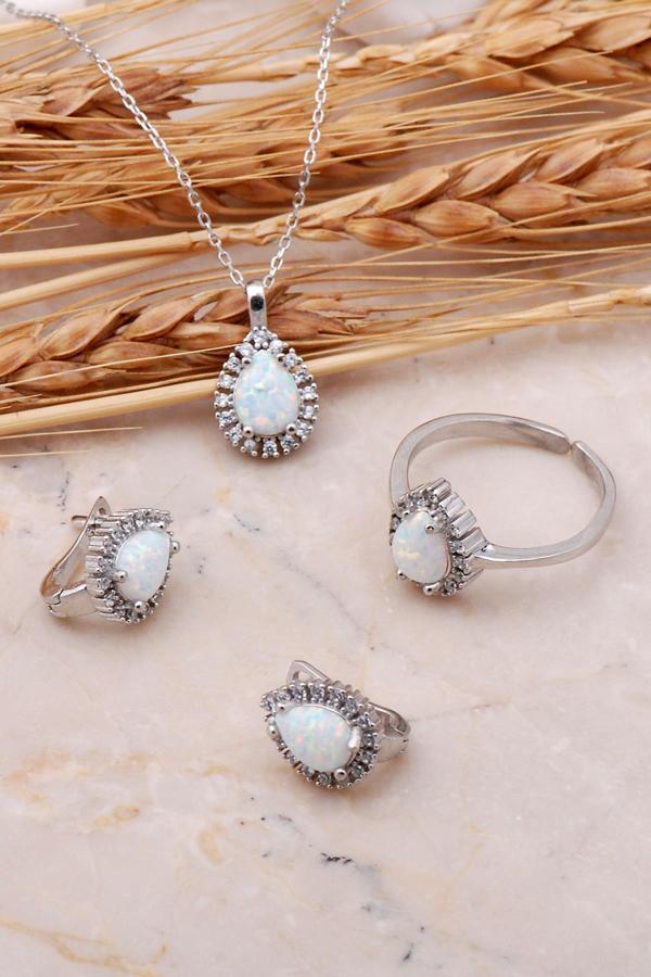 Opal Taşlı Damla Gümüş Üçlü Set 2436 - Image 1