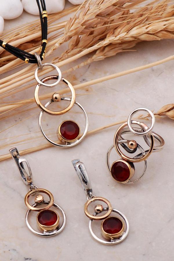 Kök Yakut Taşlı Tasarım Elişi Gümüş Set 2444 - Image 1