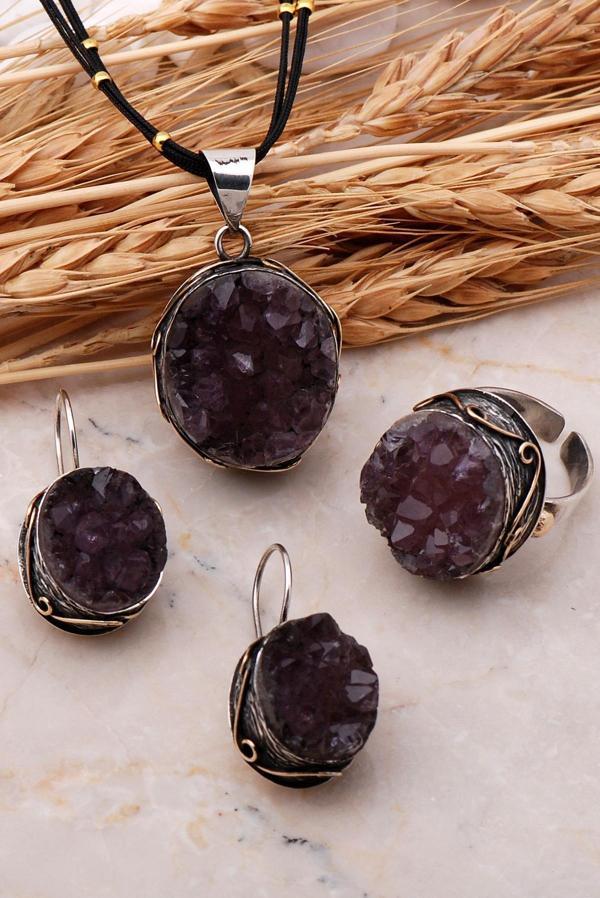 Doğal Ametist Taşlı Elişi Gümüş Set 2451 - Image 1