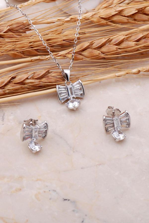 Baget Taşlı Fiyonk Tasarım Rodyumlu Gümüş İkili Set 2468 - Image 1