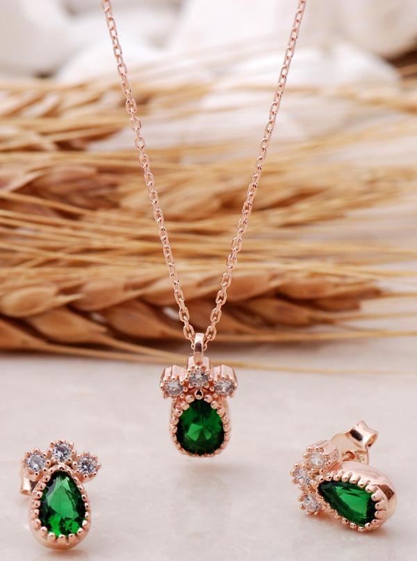 Kök Zümrüt Damla Taşlı Rose Gümüş Set 2472 - Image 1