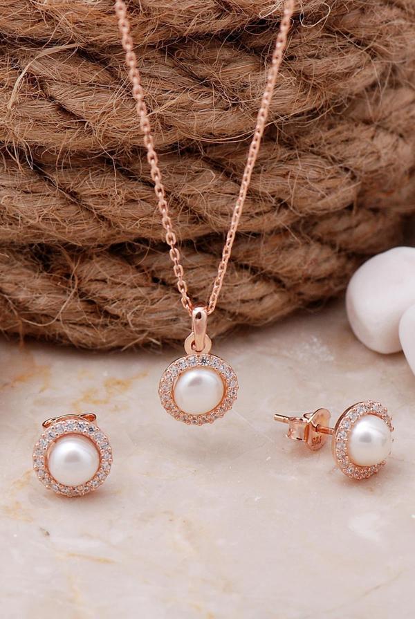 İnci Taşlı Rose Gümüş Trend İkili Set 2487 - Image 1