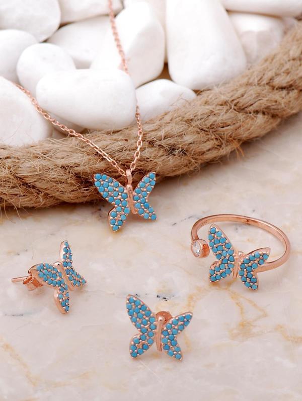 Turkuaz Taşlı Kelebek Rose Gümüş Set 2542 - Image 1