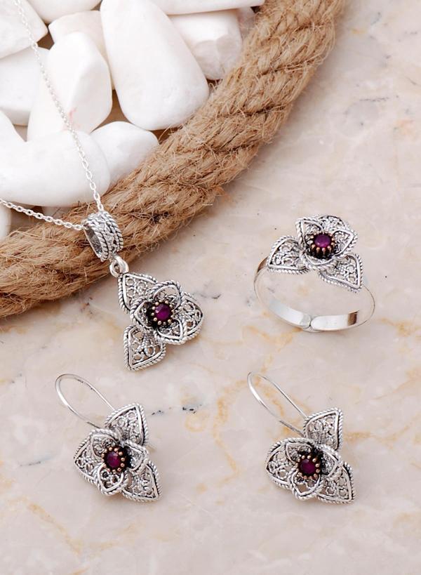 Açelya Çiçeği Yakut Taşlı Telkari Elişi Gümüş Set 2545 - Image 1