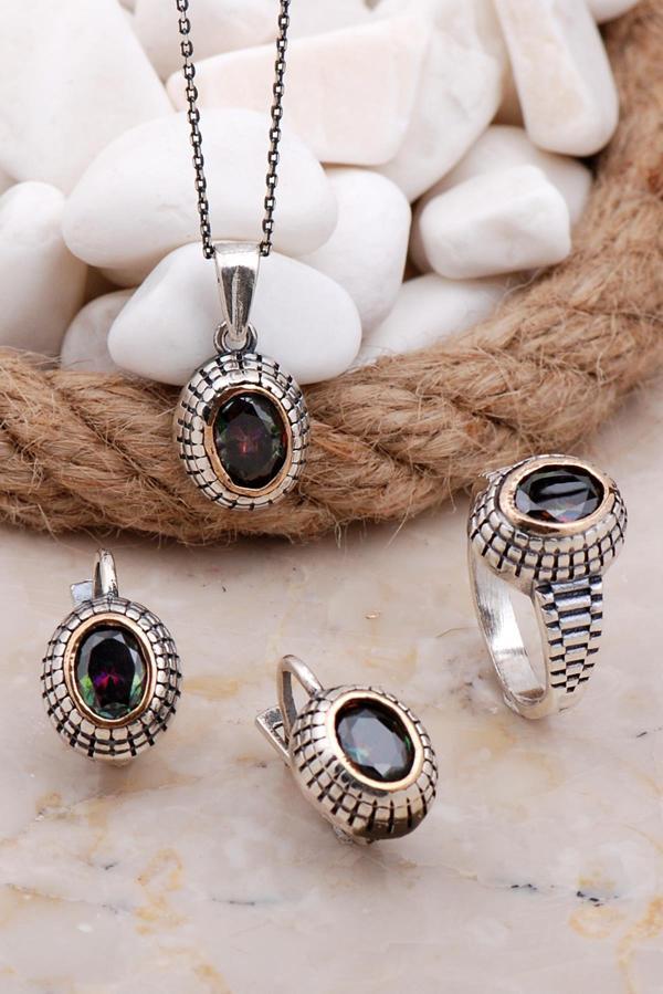 Mistik Topaz Taşlı Elişi Gümüş Set 2578 - Image 1
