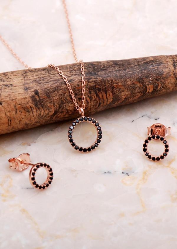 Halka Tamtur Taşlı Safir Rose Gümüş Kolye Küpe Seti 2609 - Image 1