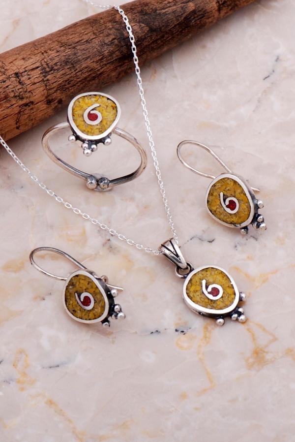 Antik Mozaik İşlemeli Sarı Kuvars Taşlı Gümüş Set 2626 - Image 1