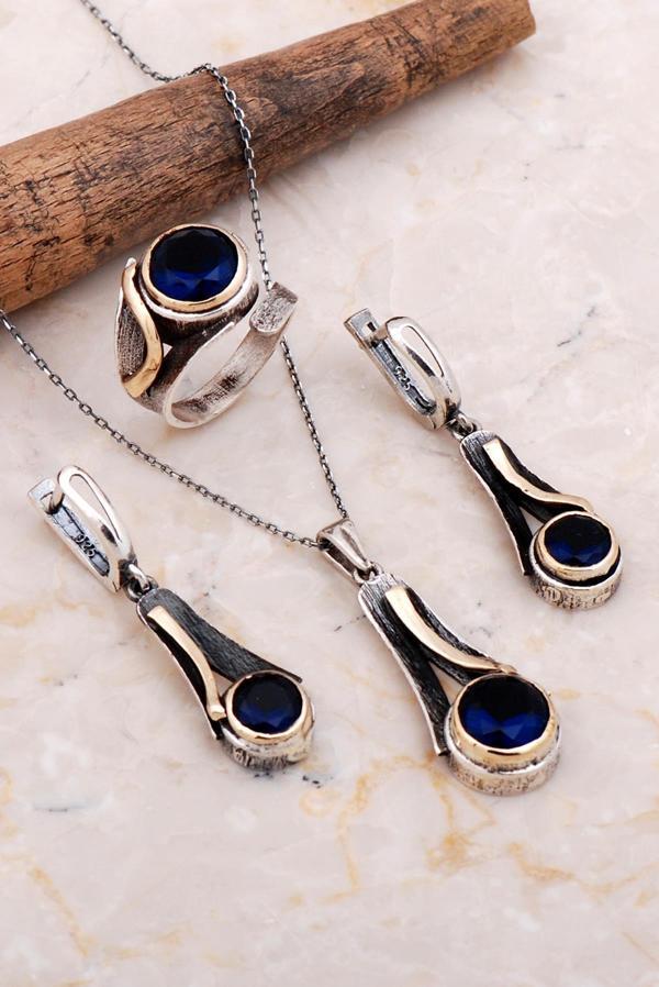 Safir Taşlı Tasarım Elişi Gümüş Set 2656 - Image 1