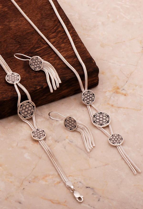 Yaşam Çiçeği Hasır Elişi Tasarım Gümüş Set 2681 - Image 1