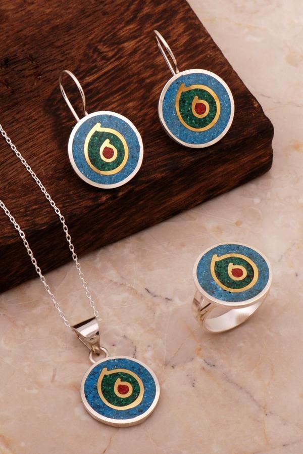 Antik Mozaik İşlemeli Renkli Gümüş Set 2685 - Image 1