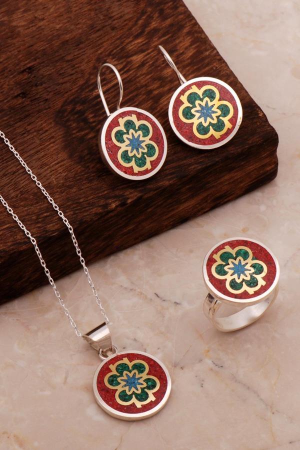 Çiçek Mozaik İşlemeli Renkli Gümüş Set 2688 - Image 1