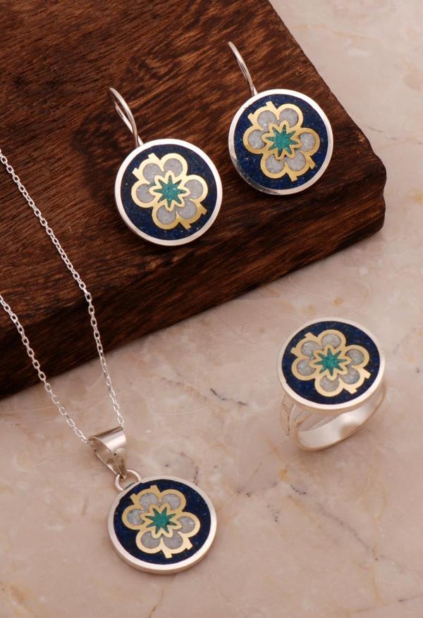 Çiçek Mozaik İşlemeli Renkli Gümüş Set 2689 - Image 1