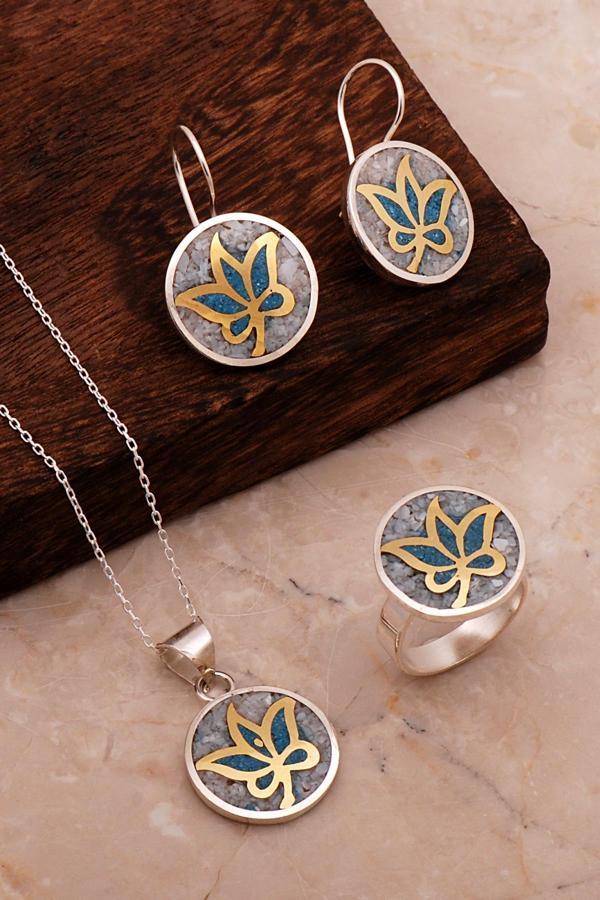 Yaprak Mozaik İşlemeli Renkli Gümüş Set 2694 - Image 1