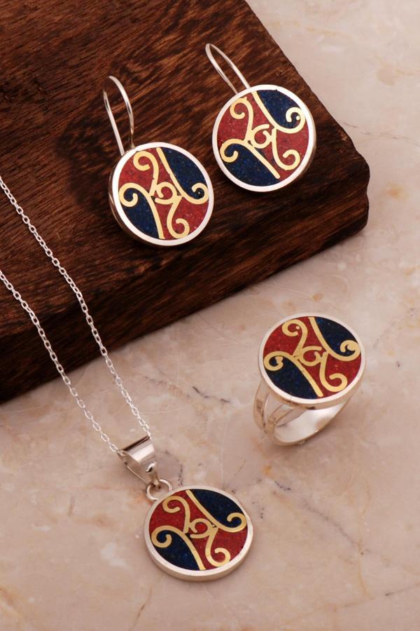 Antik Mozaik İşlemeli Renkli Gümüş Set 2697 - Image 1