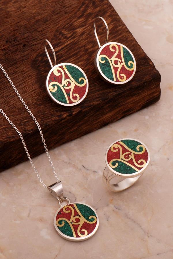 Antik Mozaik İşlemeli Renkli Gümüş Set 2698 - Image 1