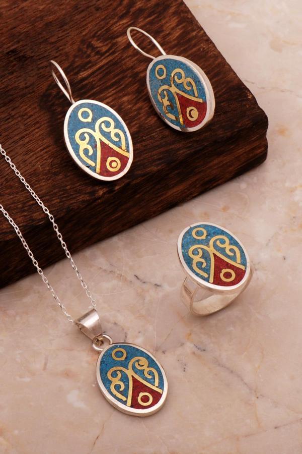 Antik Mozaik İşlemeli Renkli Gümüş Set 2703 - Image 1