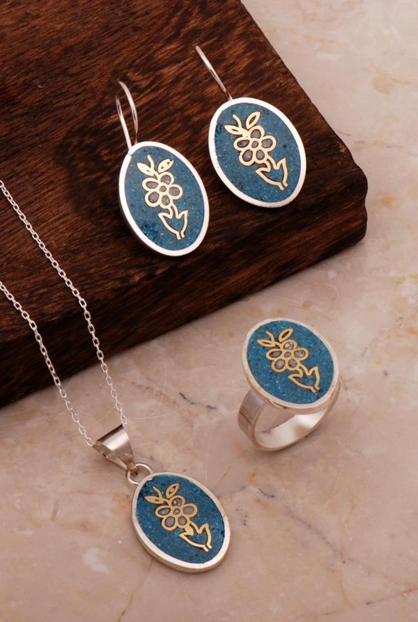 Çiçek Mozaik İşlemeli Renkli Gümüş Set 2706 - Image 1