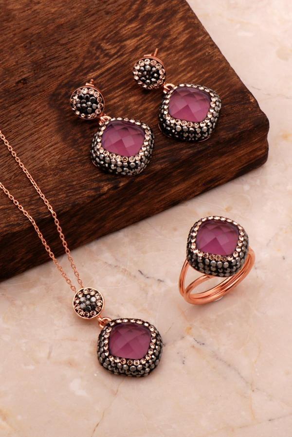 Ametist Taşlı Rose Gümüş Set 2708 - Image 1