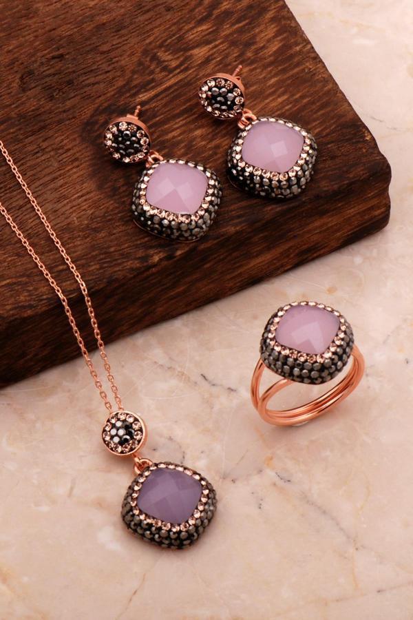 Pembe Kuvars Taşlı Rose Gümüş Set 2709 - Image 1