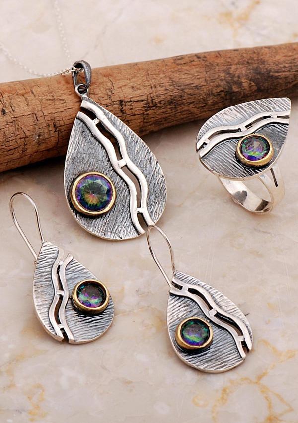 Mistik Topaz Taşlı Çekiç Dövme Elişi Damla Gümüş Set 2806 - Image 1