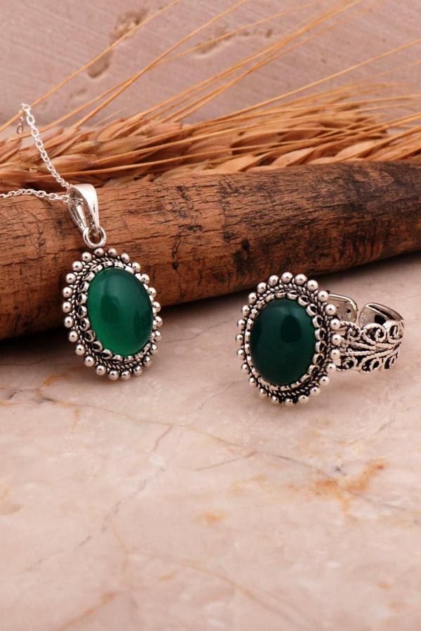 Yeşil Akik Taşlı Telkari Elişi Oval Gümüş İkili Set 2757 - Image 1