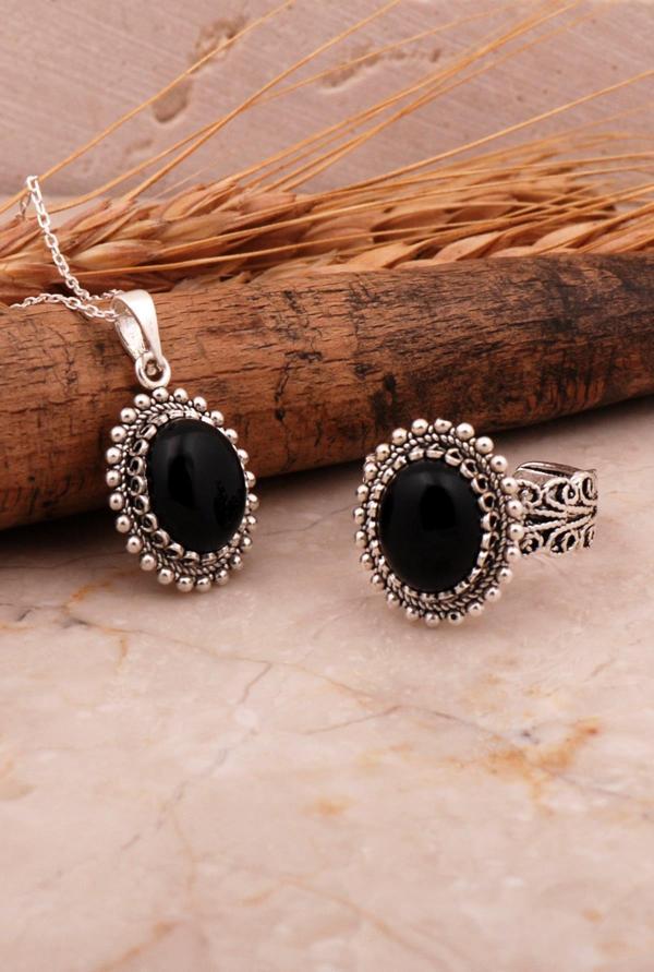 Oniks Taşlı Telkari Elişi Oval Gümüş İkili Set 2759 - Image 1