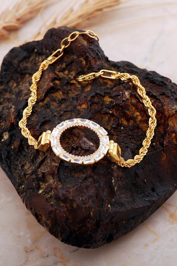 Çeyrek Çerçeveli Baget Taşlı Halat Zincir Altın Kaplama Gümüş Bileklik 4722 - Image 1