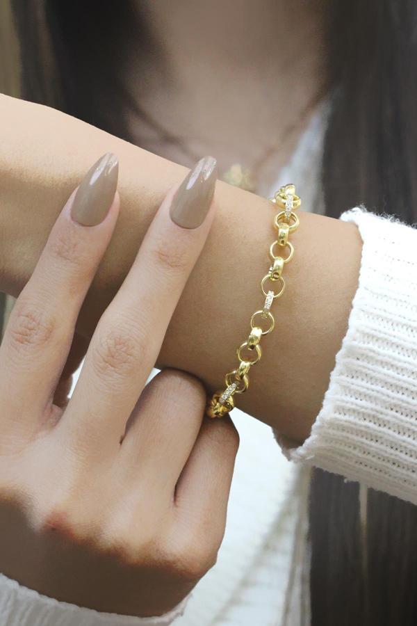 Altın Yaldızlı Gümüş Taşlı Doç Zincir Bileklik 3517 - Image 1