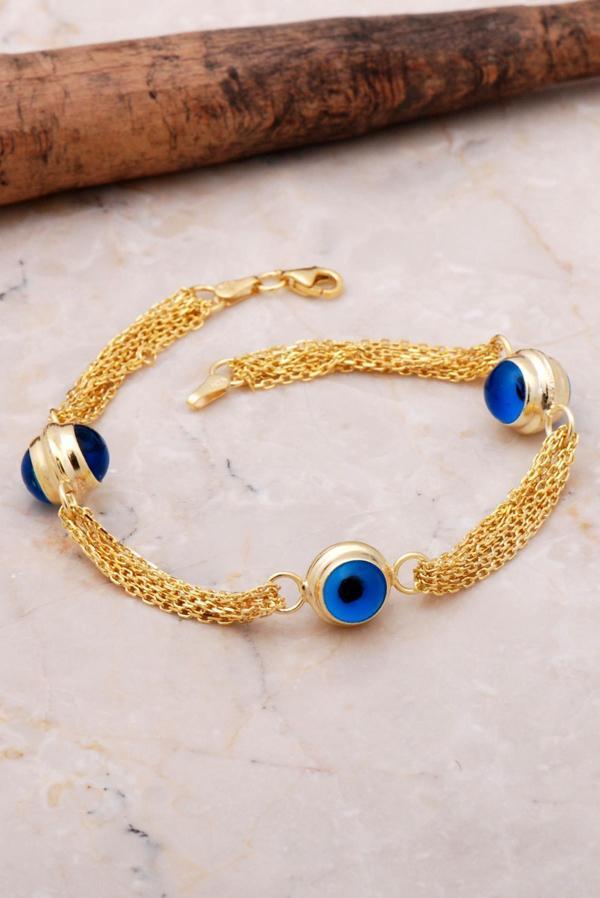 Göz Boncuklu Altın Yaldızlı Zincirli Gümüş Bileklik 3549 - Image 1