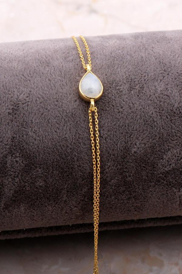 Doğal Ay Taşlı Damla Mini Altın Yaldızlı Gümüş Bileklik 4106 - Image 1