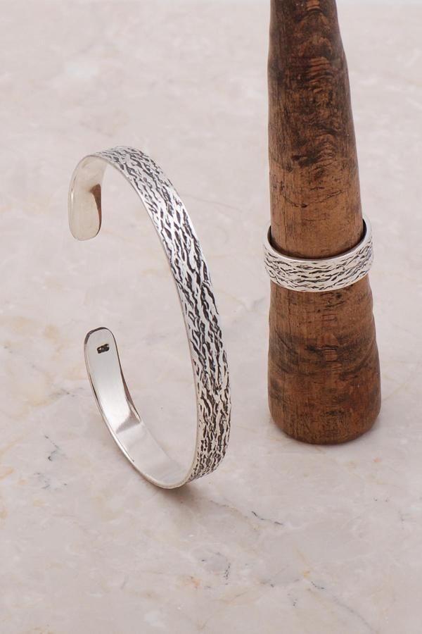 Gümüş Dövme Elişi Bilezik Yüzük Kombini 3689 - Image 1