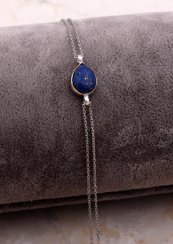 Doğal Lapis Lazuli Taşlı Damla Mini Rodyumlu Gümüş Bileklik 4123 - Image 1