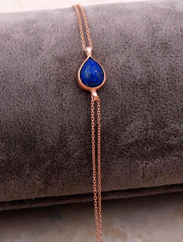 Doğal Lapis Lazuli Taşlı Damla Mini Rose Gümüş Bileklik 4125 - Image 1