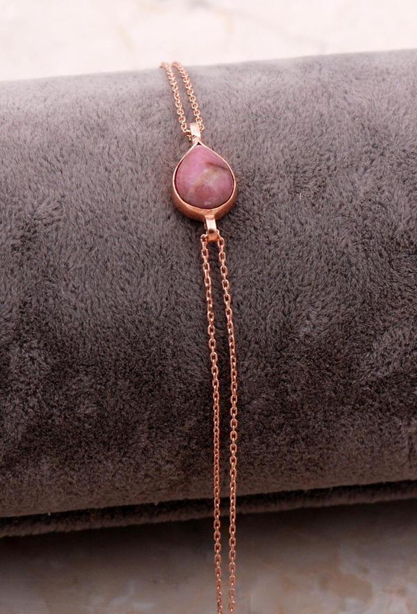 Doğal Rodonit Taşlı Damla Mini Rose Gümüş Bileklik 4122 - Image 1