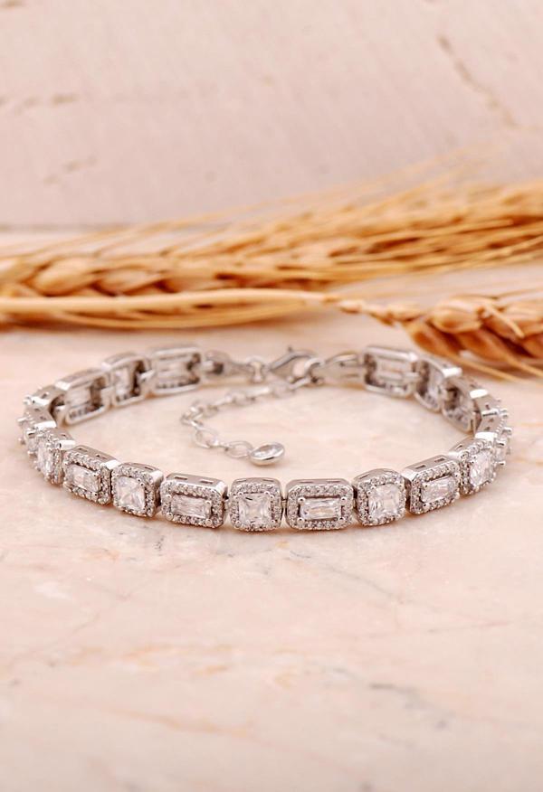 Baget Kare Kesim Pırlanta Montürlü Rodyumlu Gümüş Bileklik 4473 - Image 1